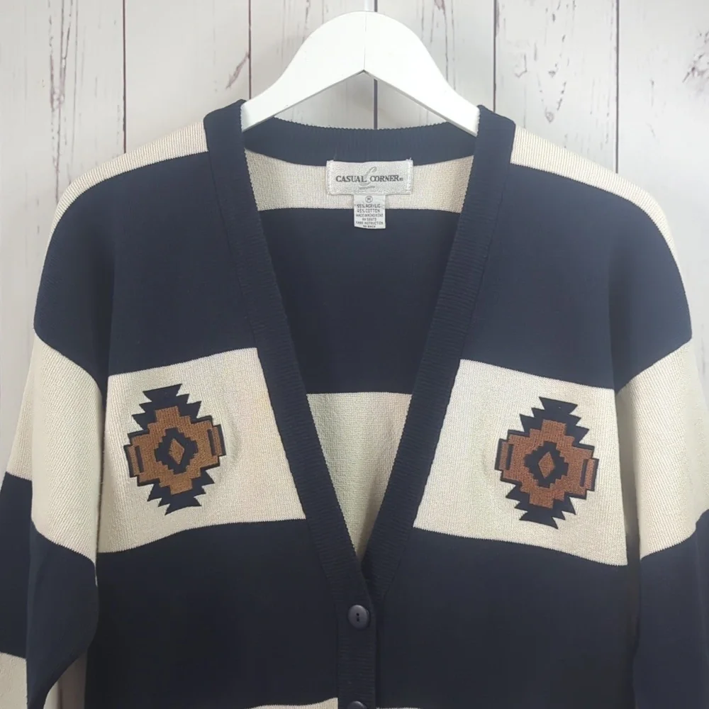 Vintage Casual Corner Navy Blue and Cream Preppy Aztec Women's‎ Cardigan Medium